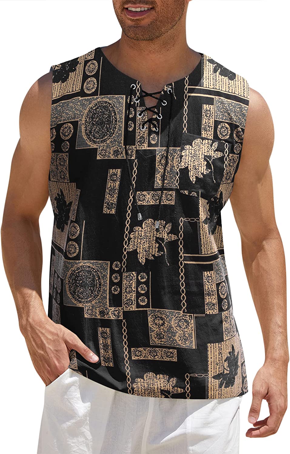 COOFANDY Men Linen Tank Tops Hippie Bohemian Tunic Hawaiian