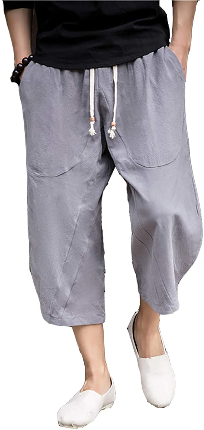 FASKUNOIE Men's Patchwork Shorts Baggy Capri Pants Loose Fit Linen