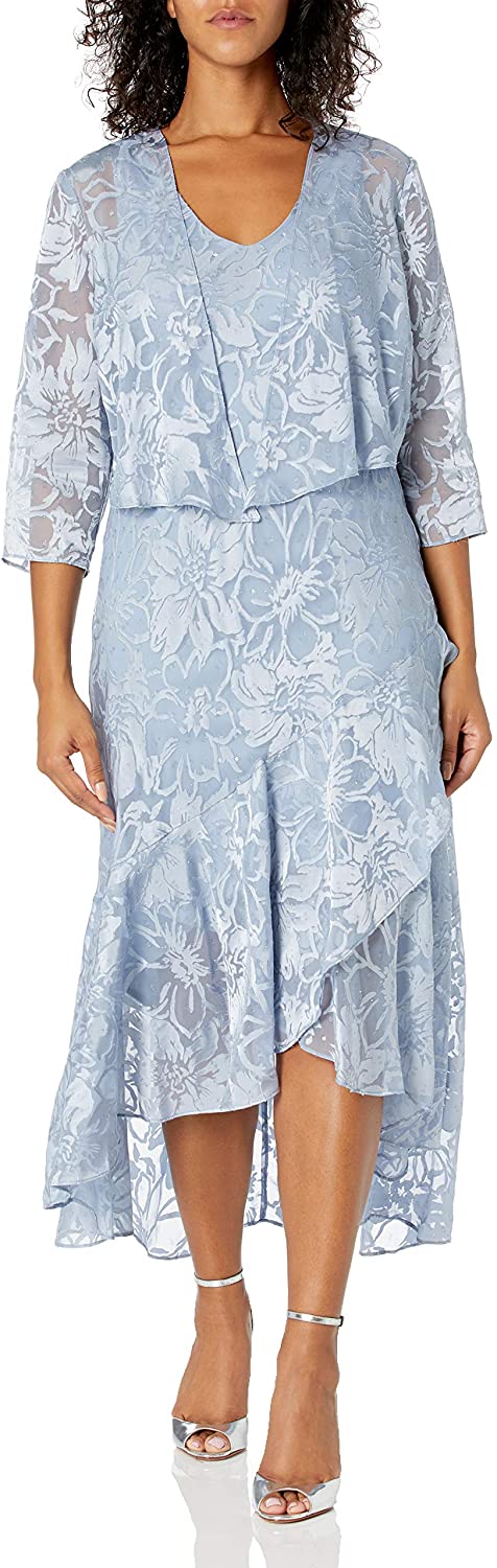 Alex Evenings Women's Tea Length Printed Chiffon Dress with Shawl 