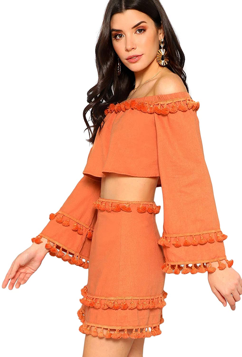Shein Women S 2 Piece Outfit Fringe Trim Crop Top Skirt Set Ebay