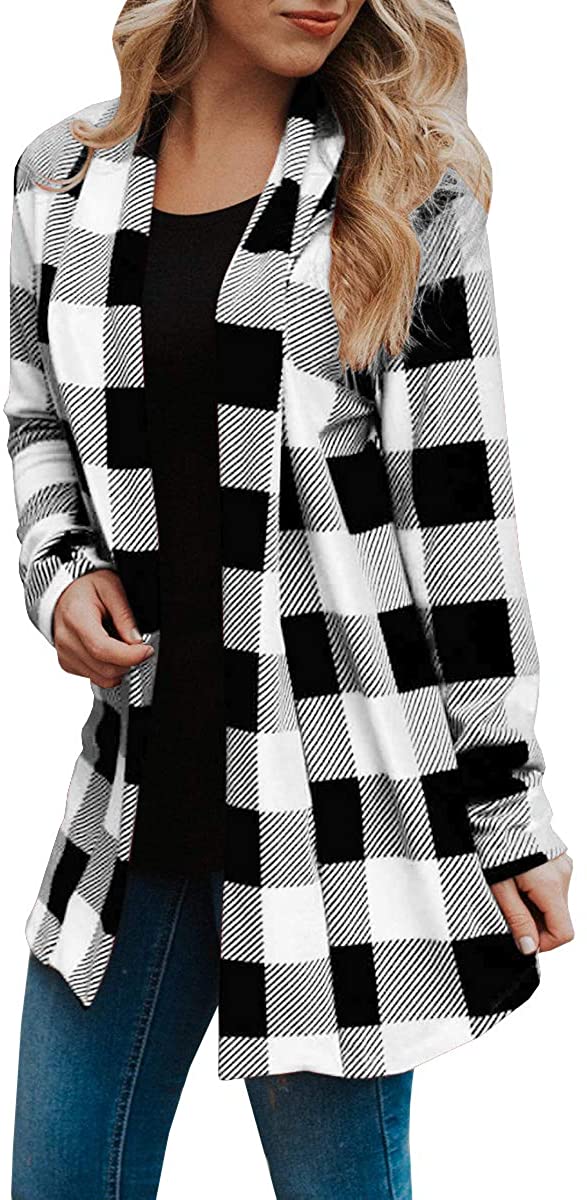 Womens Buffalo Plaid Long Sleeve Plus Size Open Front Elbow Patch Cardigans 