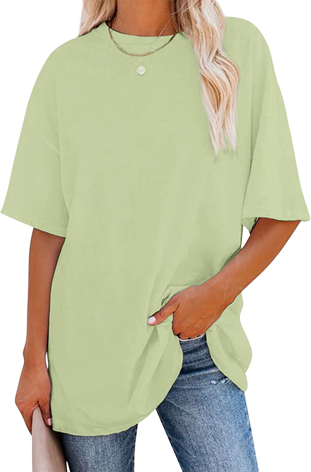 Meladyan Women’s Solid Oversize Cotton Tee Shirt Drop Shoulder Round ...