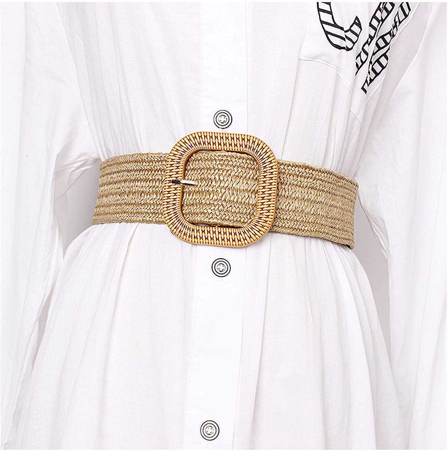 Dress Choice Women Belts For Dresses, Elastic Straw Rattan Waist Band  Bohemian Dress Braided Waist Belt With Wood Buckle