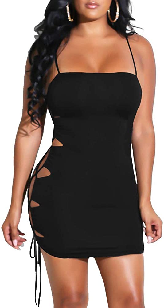 TOB Women's Sexy Bodycon Spaghetti Strap Lace Up Tank Mini Club Dress ...