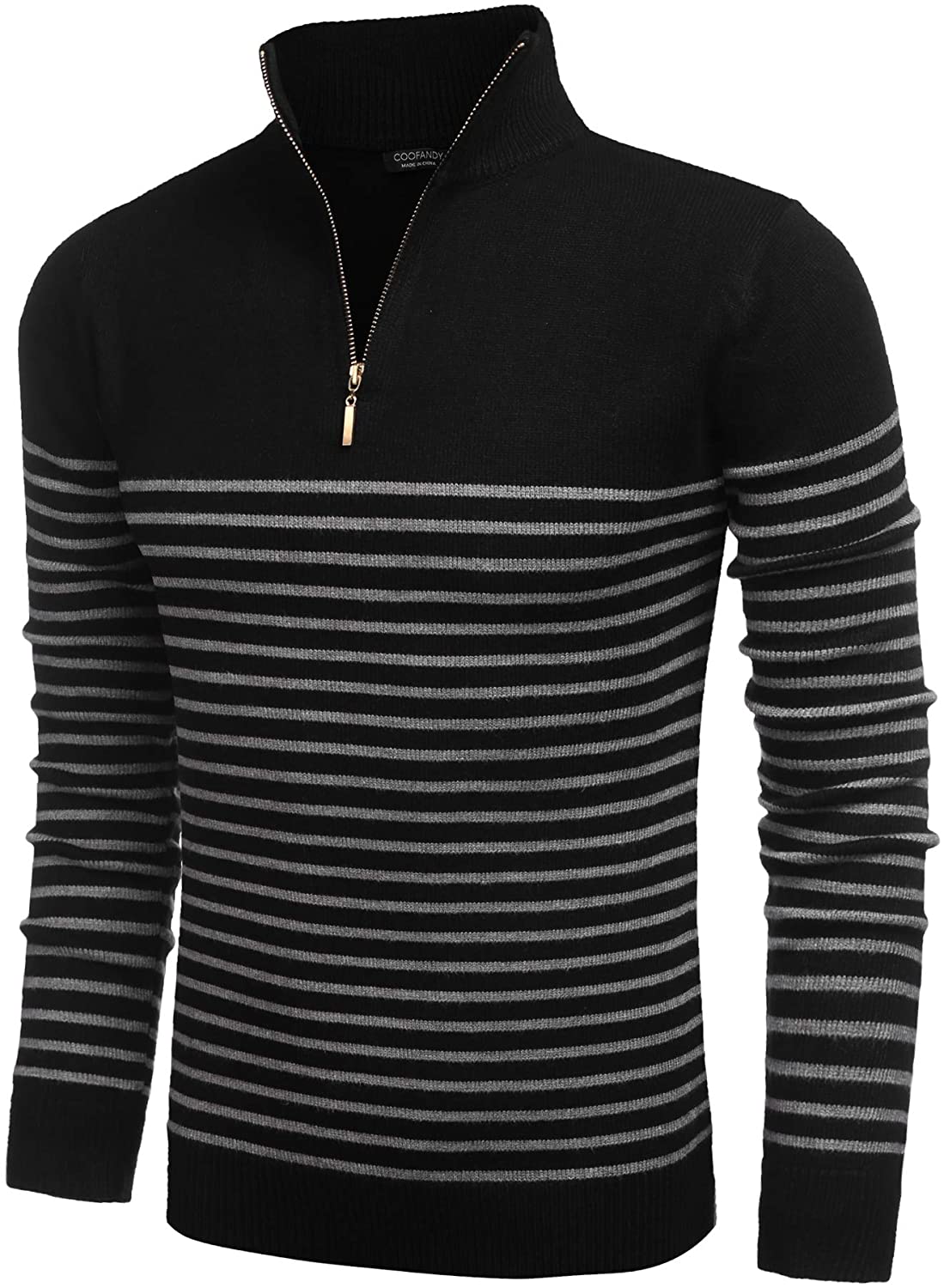 COOFANDY Men's Quarter Zip Pullover Sweater Casual Slim Fit Striped Polo Sweaters