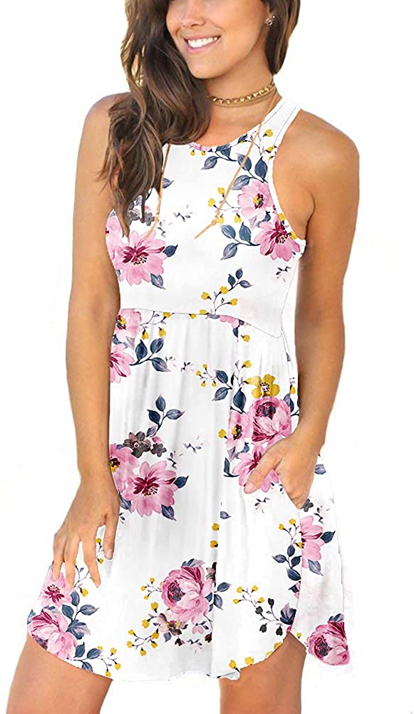 YUNDAI Women 2022 Summer Sundress Beach Floral Short Dress Sleeveless Pockets Casual Loose Tank Dress