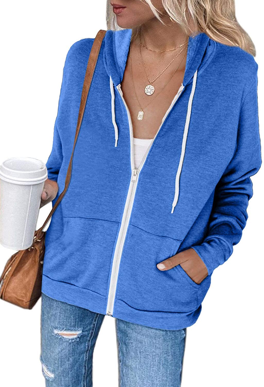 S-XXL Acelitt Women Casual Long Sleeve Zip Up Hooded Sweatshirt Hoodies 