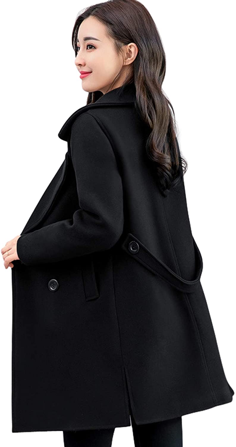 chouyatou Women's Elegant Lapel Collar Double Breasted Wool Blend Pea Coat  with
