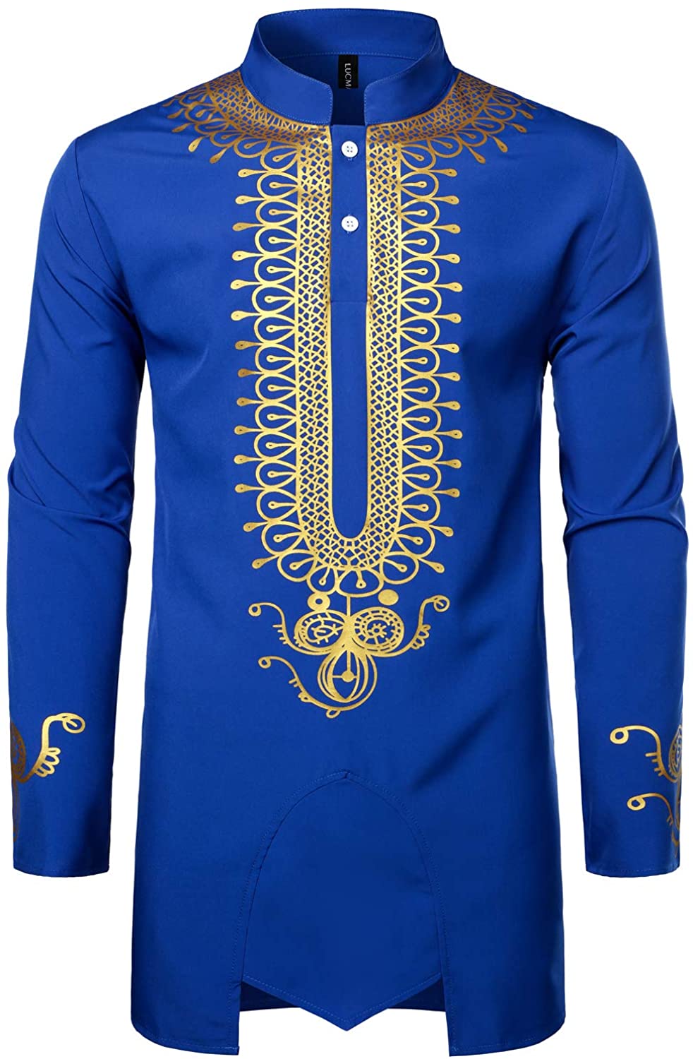 LucMatton Men's Traditional African Luxury Metallic Gold Printed Dashiki Shirt 