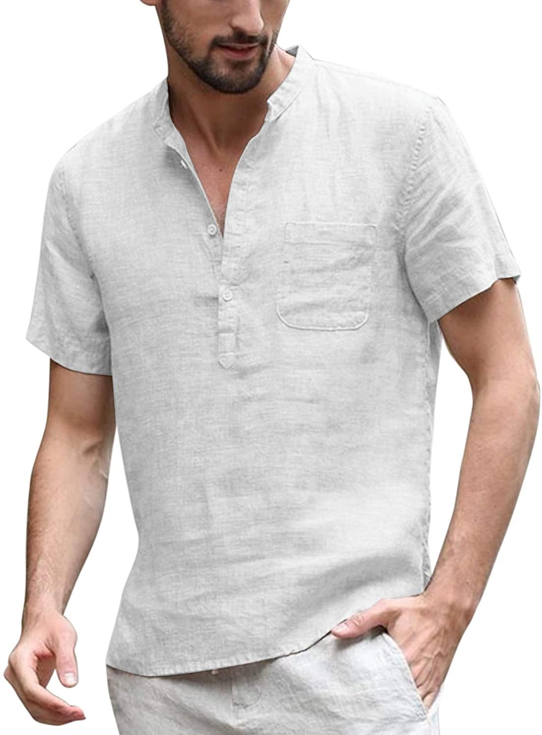 Jumaocio Mans Retro Cotton Linen Solid Color Short Sleeve Henley Shirts