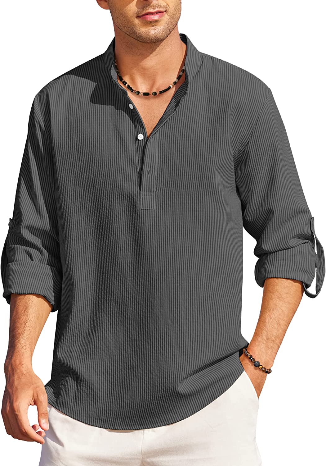 COOFANDY Men&#039;s Linen Shirt Long Sleeve Casual Hippie Cotton Beach T Shirt | eBay