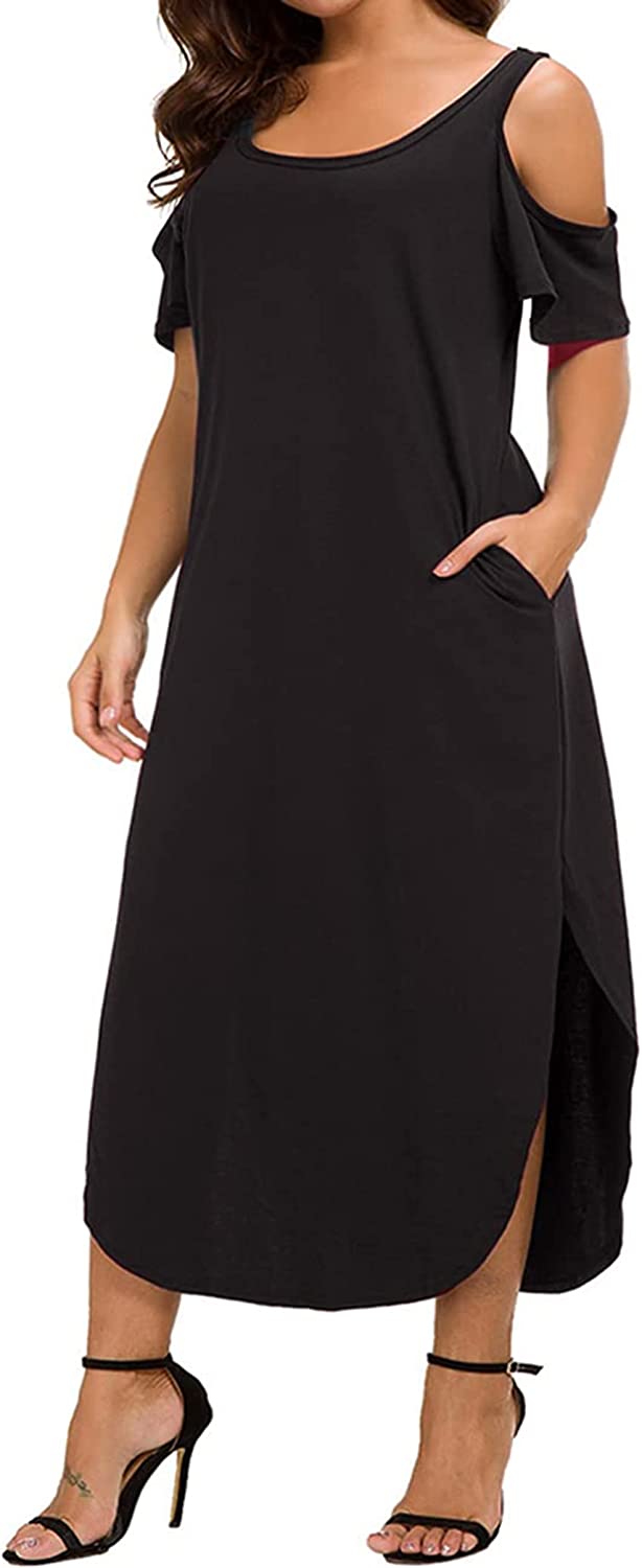 GXLU Women's Plus Size Summer Maxi Dresses Short Sleeve Casual Loose Plain  Split Mother of The Bride Long Dress with Pockets Blue Gray 1X at  Women's  Clothing store