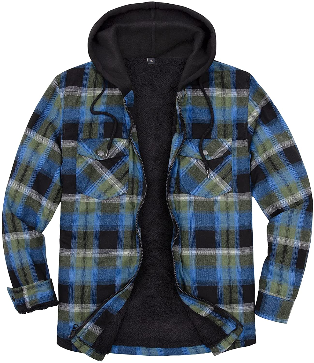 ZENTHACE Men's Sherpa Lined Full Zip Hooded Plaid Shirt Jacket