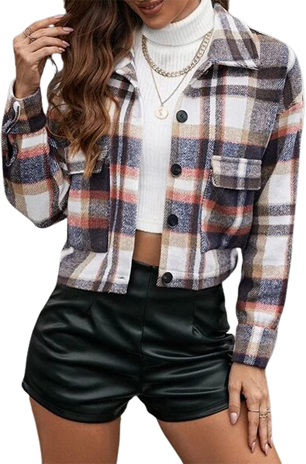 UANEO Womens Cropped Plaid Shacket Button Down Short Flannel Shirt Jacket  with P
