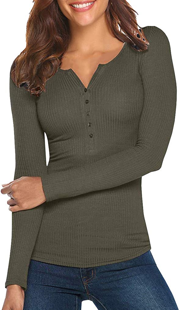 Tobrief Women's Henley Shirts Long Sleeve V Neck Ribbed Button Down Knit  Sweater
