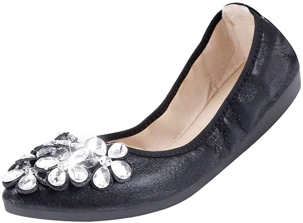 Cattle Shop Womens Foldable Ballet Flats Rhinestone Pointed Toe Comfortable Slip on Wedding Flat Shoes Dress Flats for Women