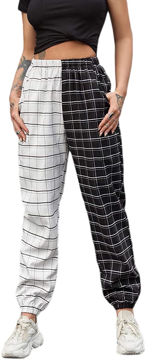 SweatyRocks Women's Tie High Waist Striped Plaid Casual Long Pants with  Pockets