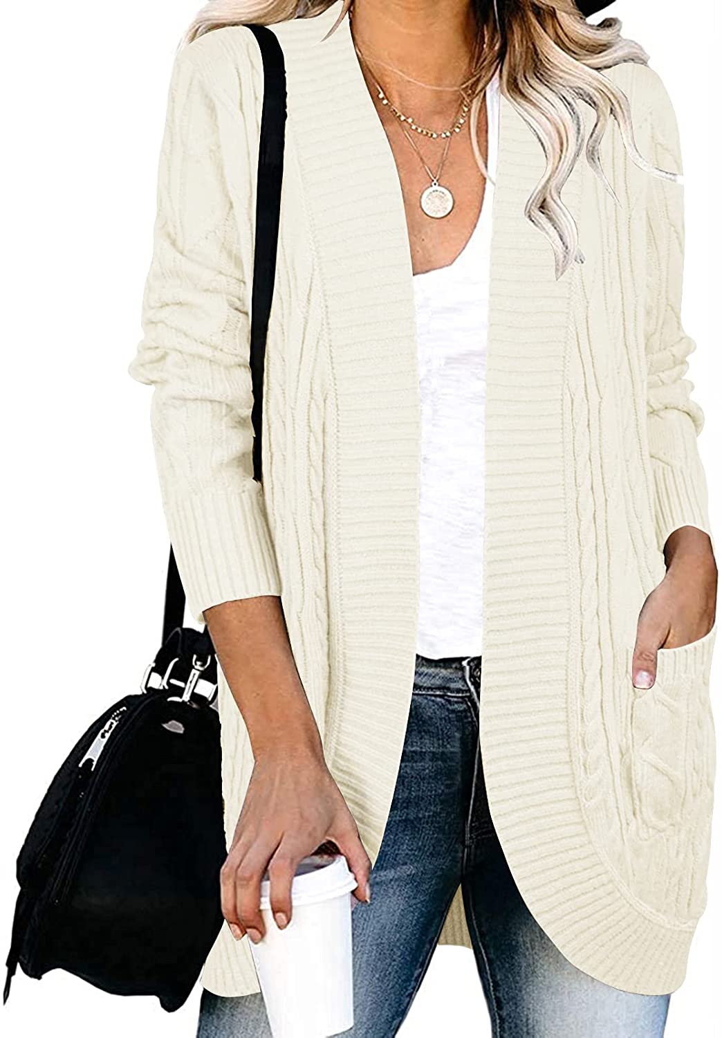 LEANI Women’s Long Sleeve Cable Knit Cardigans Open Front Loose Sweater Outwear