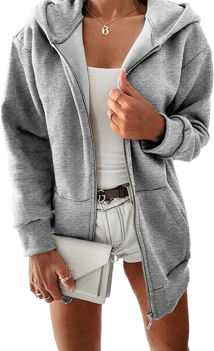 Yousify Women Casual Full Zip Up Plush Hoodie Comfy Loose Solid Sweatshirt  Long