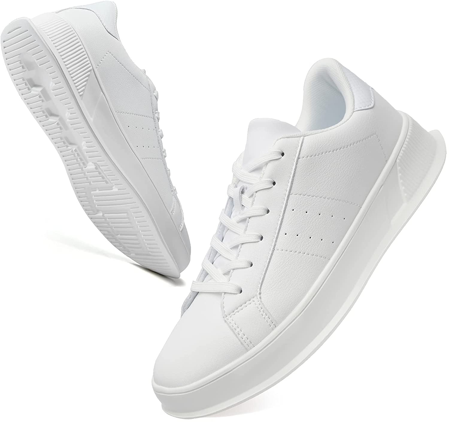 KPP Men's White Leather Sneakers Classic Walking Shoes Lightweight Comfort Lace up Fashion Sneakers 
