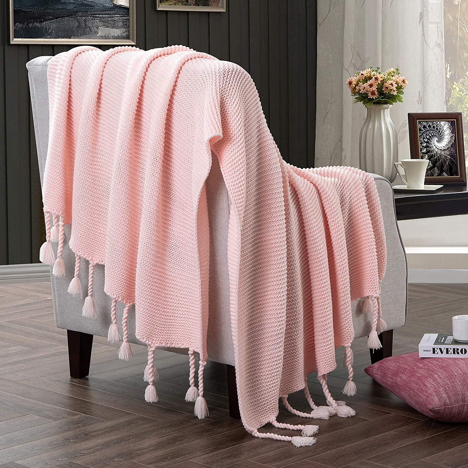 RUDONMG Knitted Throw Blanket with Fringe, Pink Knit Throw Blanket for