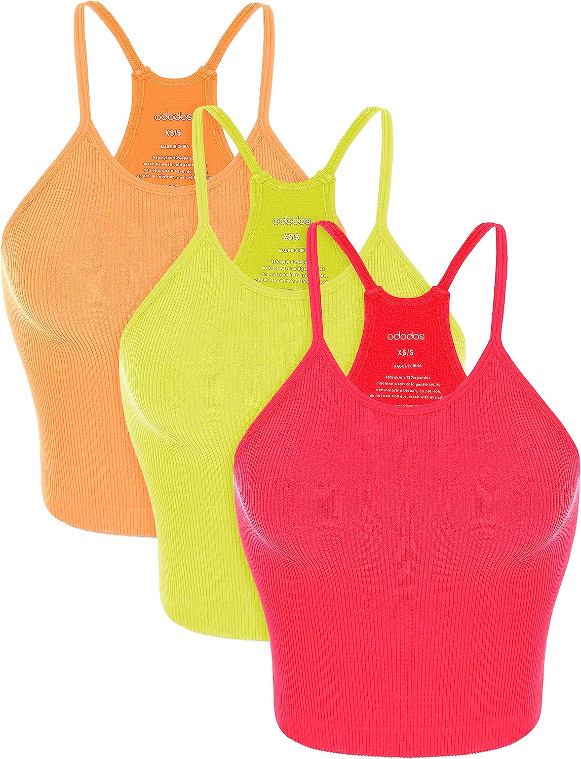 ODODOS Women's Crop 3-Pack Washed Seamless Rib-Knit Camisole Crop Tank Tops