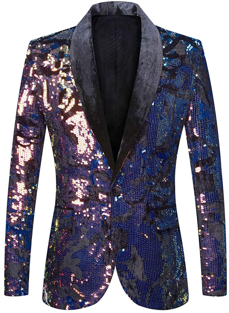 PYJTRL Men Fashion Velvet Sequins Floral Pattern Suit Jacket