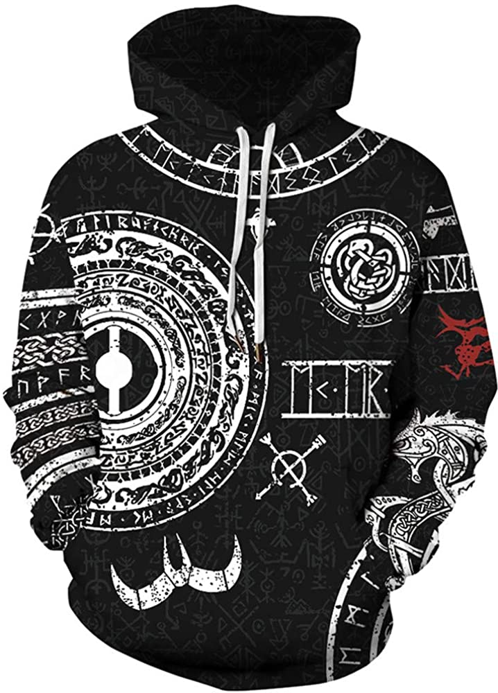 GLUDEAR Men's Vikings Tattoo Norse Mythology Graphic 3D Print Hoodie Pullover Sweatshirt Hoodies