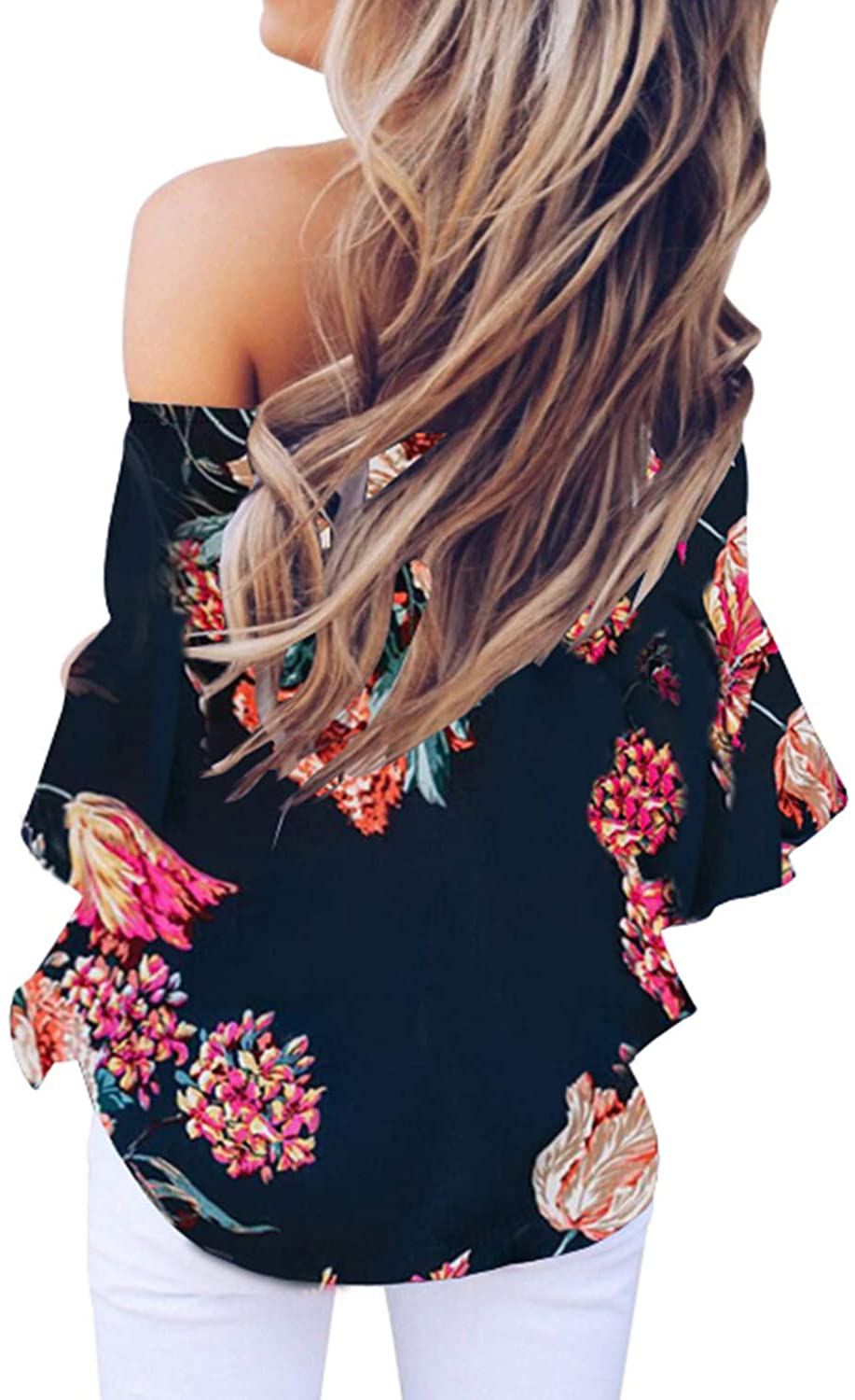 Asvivid Womens Summer Floral Printed Off The Shoulder Tops 3 4 Flare Sleeve Tie Knot T-Shirt Blouses 