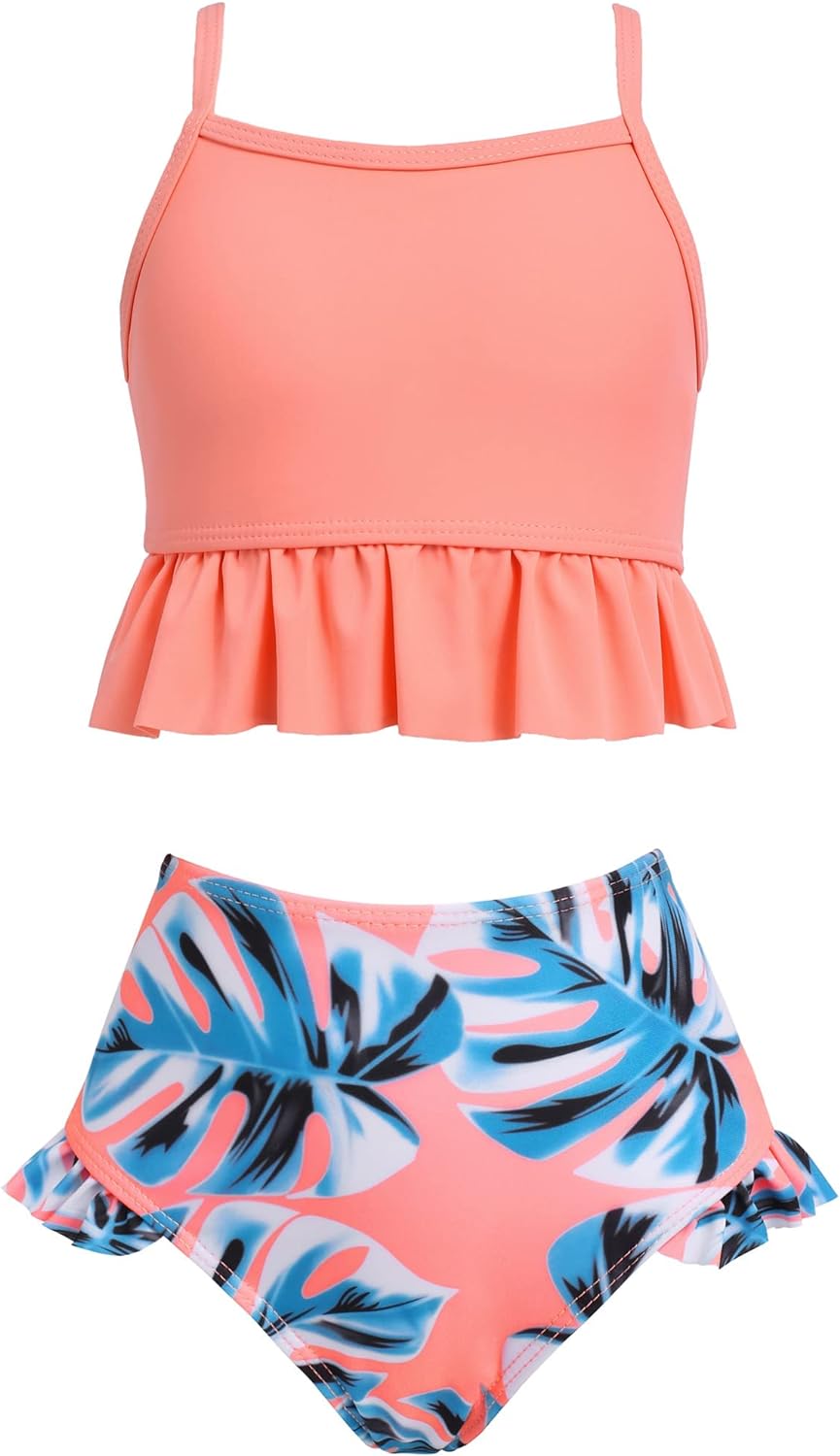 Hopeac 3 Pieces Girls Swimsuits Hawaiian Bathing Suits Beach Sport Tankini  Bikini Set Swimwear with Shorts for Kids 5-13Y