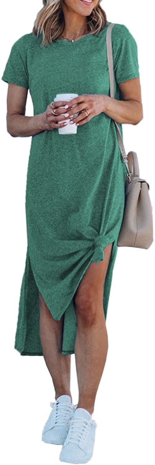 Alaster Women’s Casual T-Shirt Midi Dress Short Sleeve Summer High Splits Dress with Pocket High Low Solid Midi Dress 