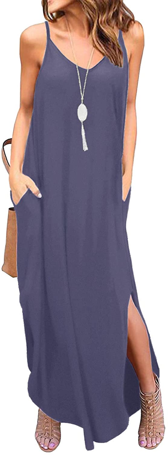 ANIXAY Women's Summer V Neck Long Cami Casual Beach Cover Up Maxi Dresses with Pocket