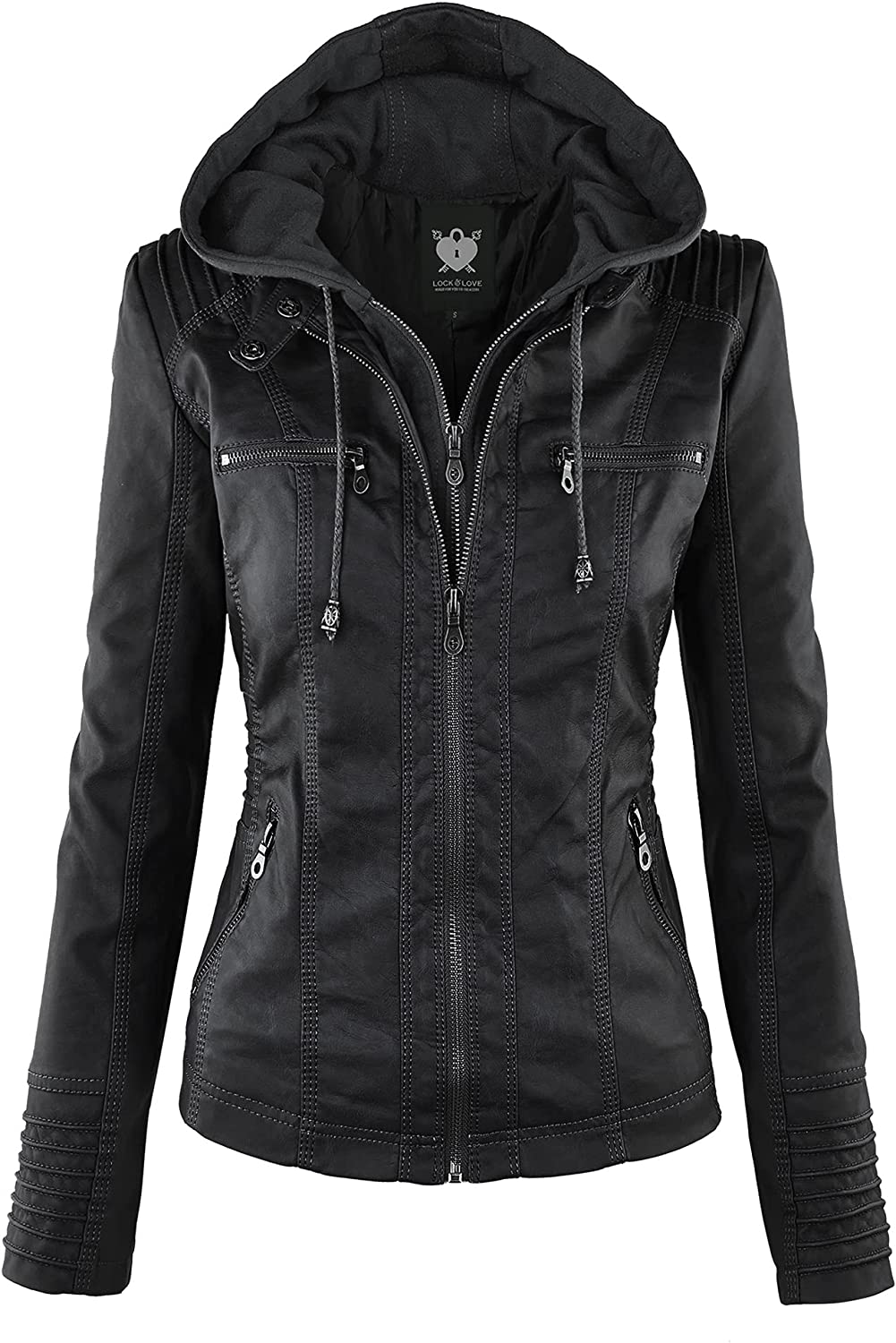 Women's Removable Hooded Moto Biker Jacket