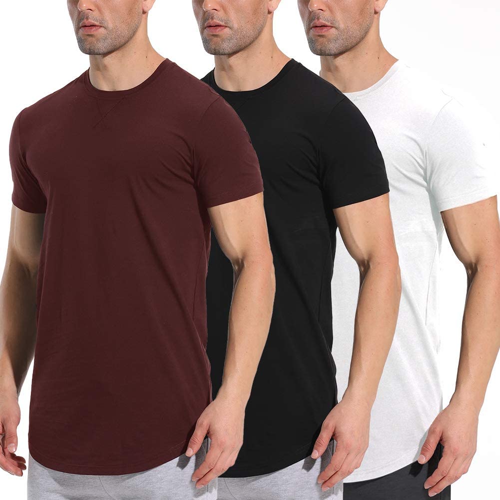 LETAOTAO Mens Workout Shirts Hipster Slim Fit T-Shirts Longline Drop Cut Gym Muscle Tee 