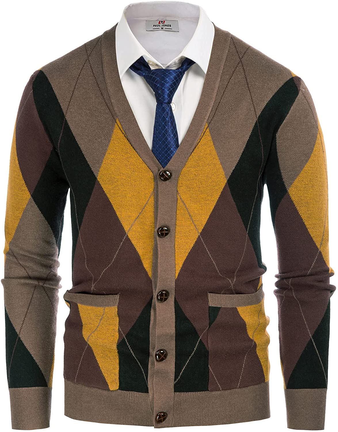 PJ PAUL JONES Mens Cardigan Sweater V-Neck Knitwear with Pocket Contrast Color Placket