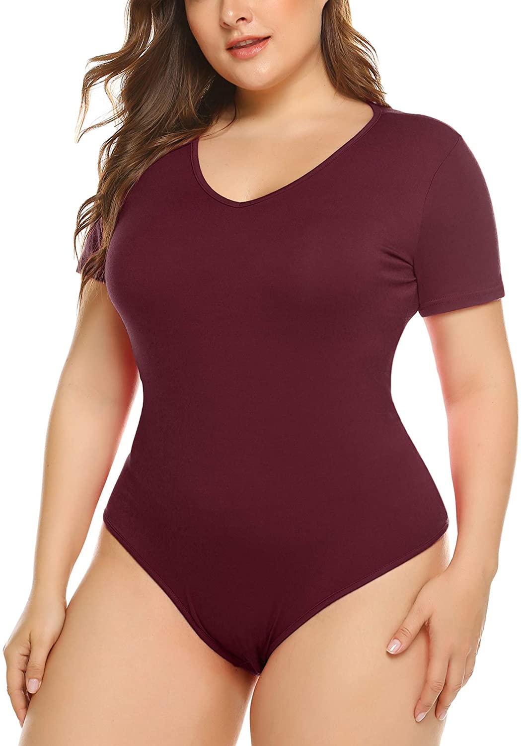 IN'VOLAND Women's Bodysuit Plus Size Short Sleeve Scoop Neck Bodysuit Basic  Top