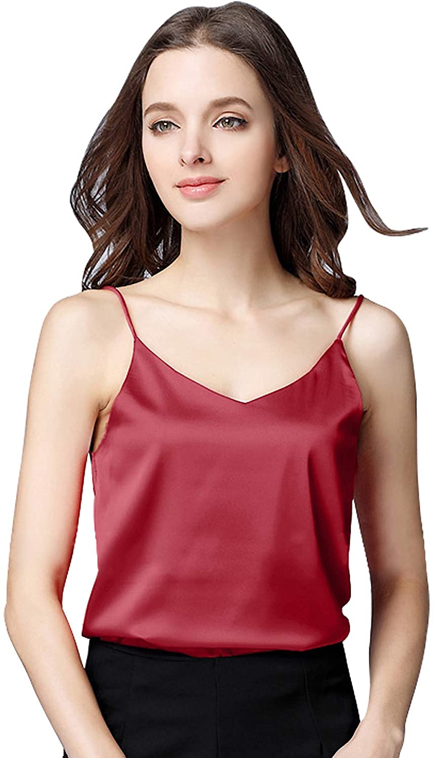 Miqieer Basic Women's Silk Tank Top Ladies V-Neck Camisole Silky Loose  Sleeveles