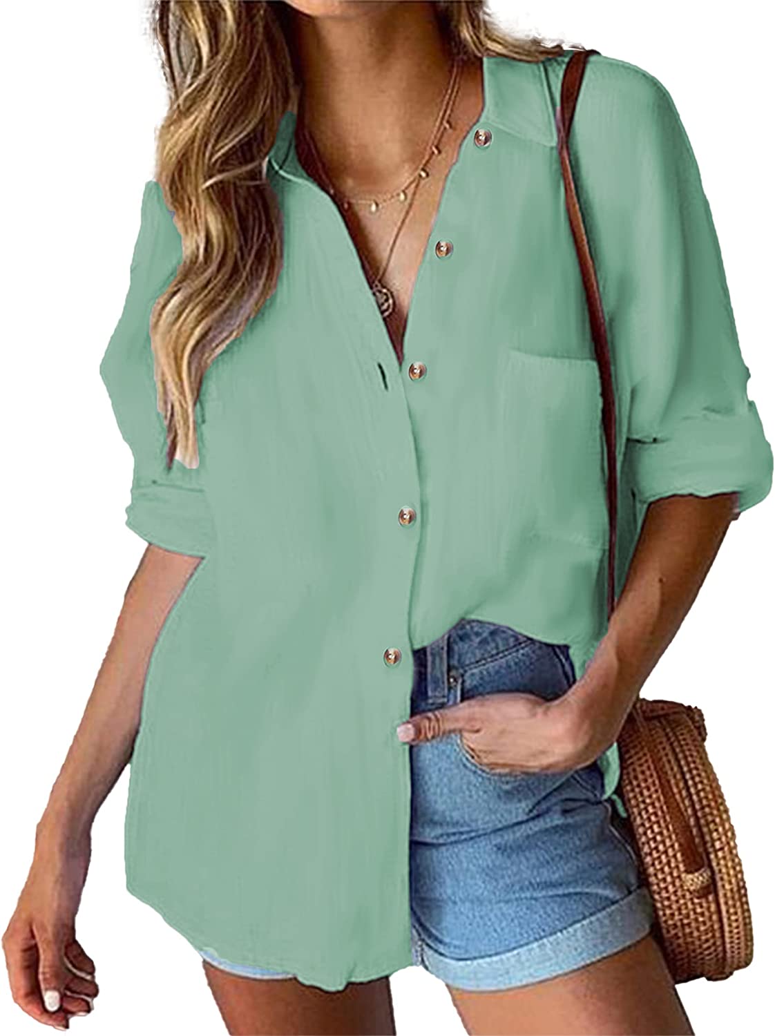 Hotouch Women's Short Sleeve Button Down V-Neck Casual Loose Shirt