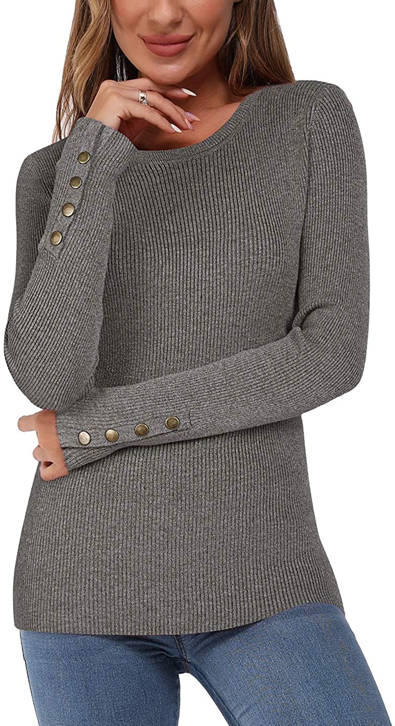 Newshows Women's Solid Long Sleeve Knit Crew Neck Button Stretch Casual Pullover Sweater