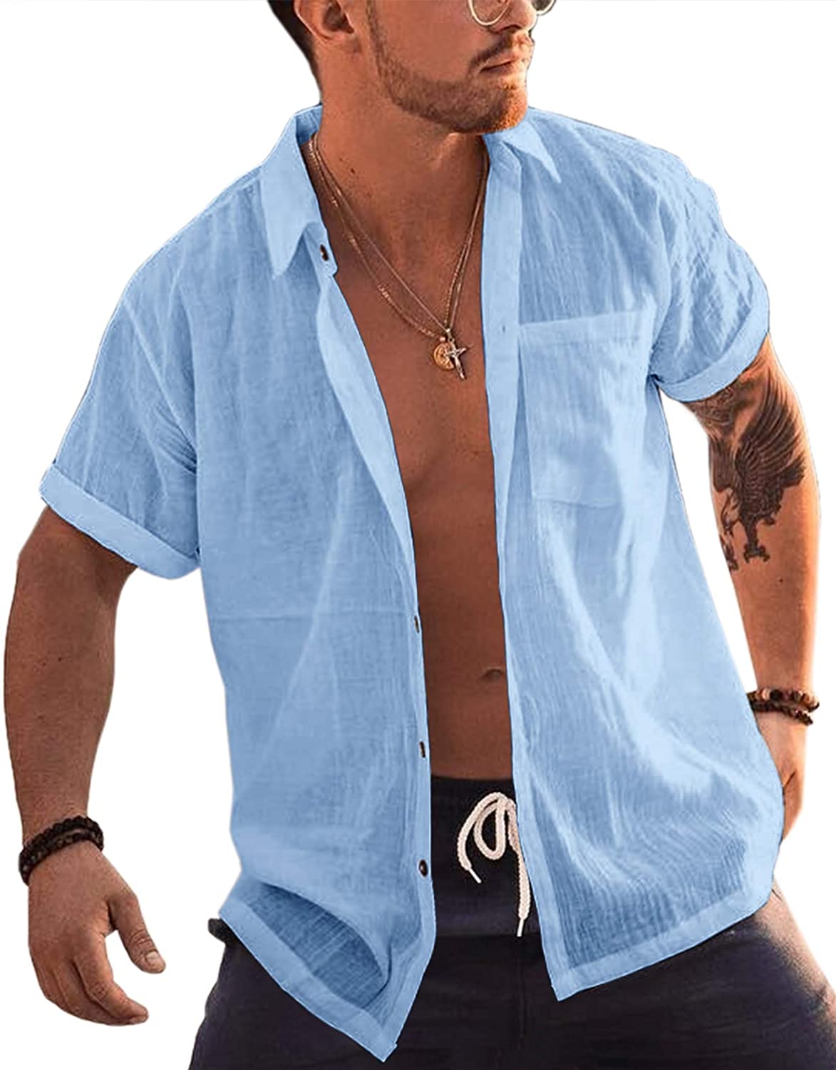 Bbalizko Mens Short Sleeve Button Up Shirts Linen Cotton Beach Tops Spread  Colla