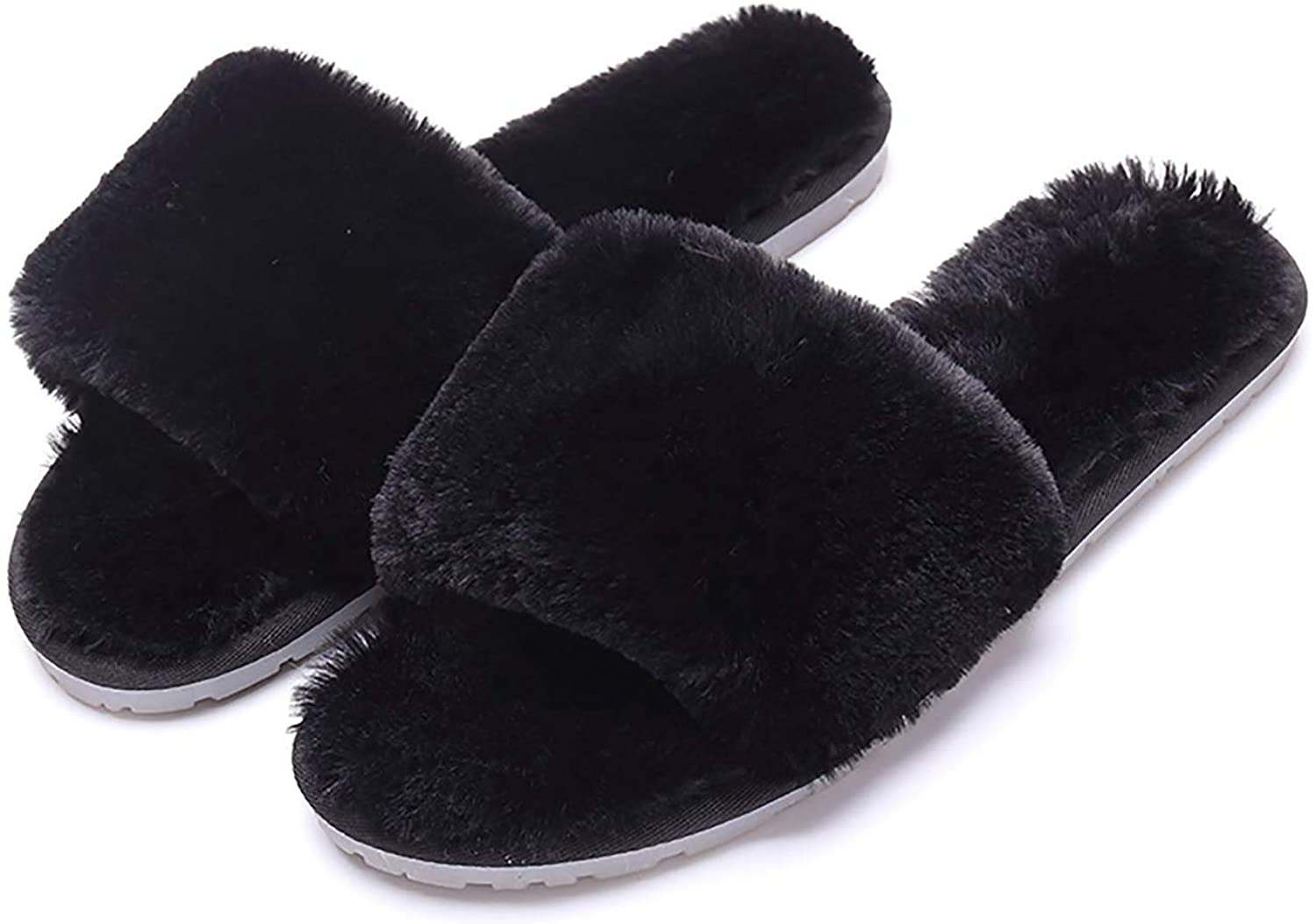 12 Wholesale Women's Fluffy Faux Fur Slippers Comfy Open Toe Two