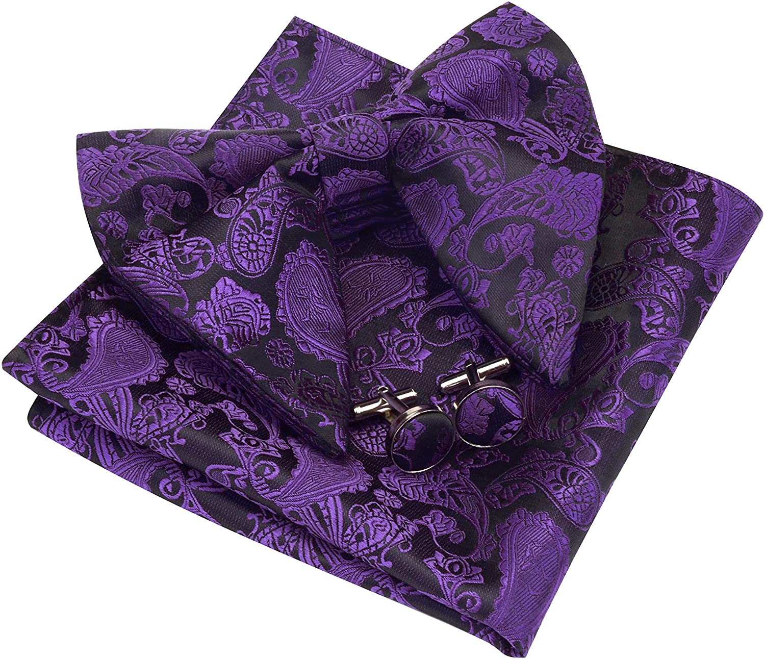 GUSLESON Fashion New Paisley Adjustable Pre-tied Big Bow Tie and Pocket Square Cufflink Set with Gift Box 