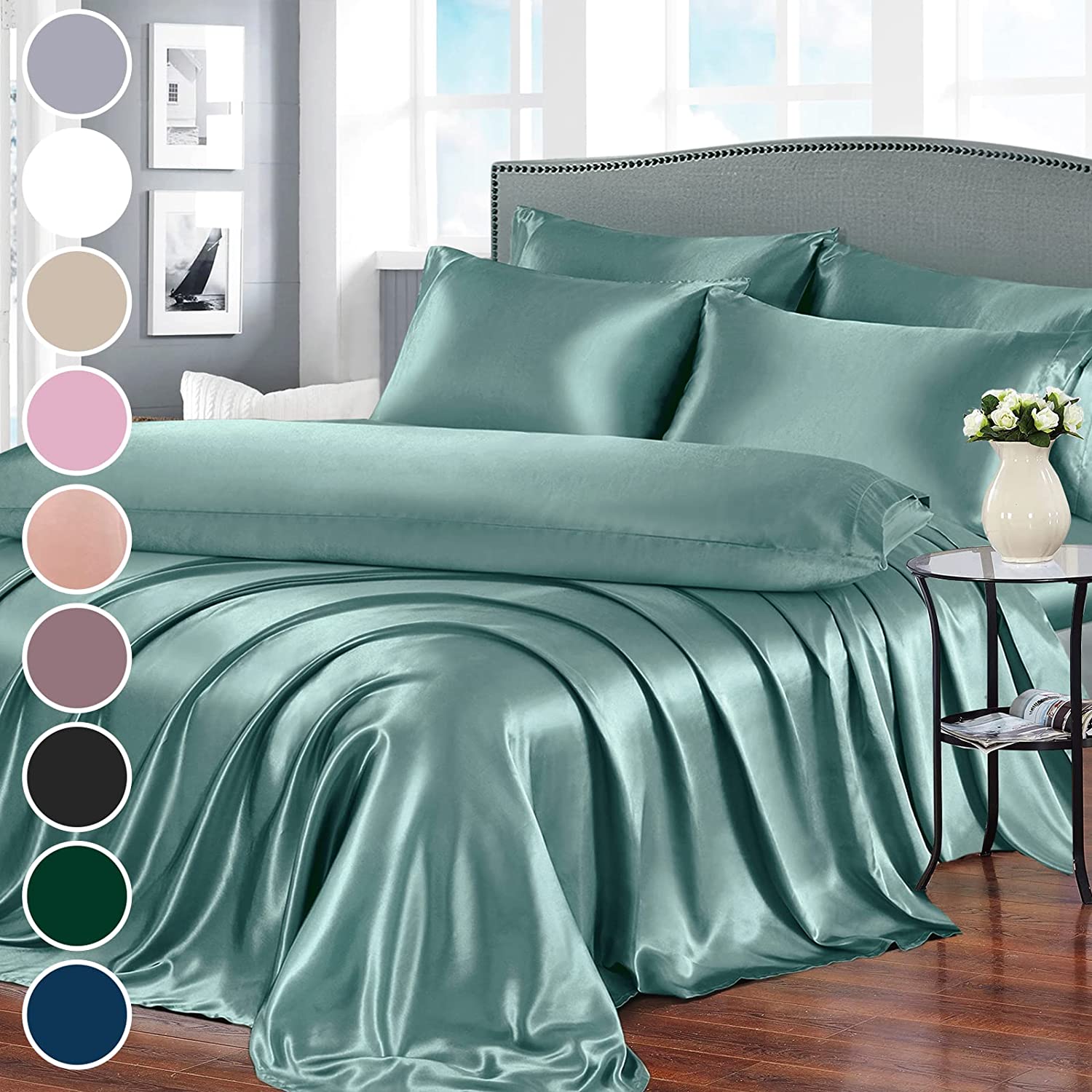 Homiest 7pcs Satin Sheets King Size Bed Set Satin Sheet Set, Deep