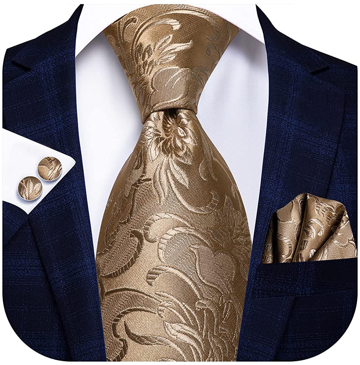 Hi-Tie Silk Paisley Necktie and Pocket Square Cufflinks Set 