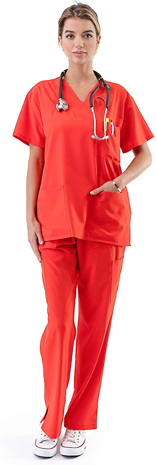 4 Way Stretch 8 Pocket V-Neck Top with Drawstring Pants Nursing Dental Women's Medical Uniform Scrubs Set 