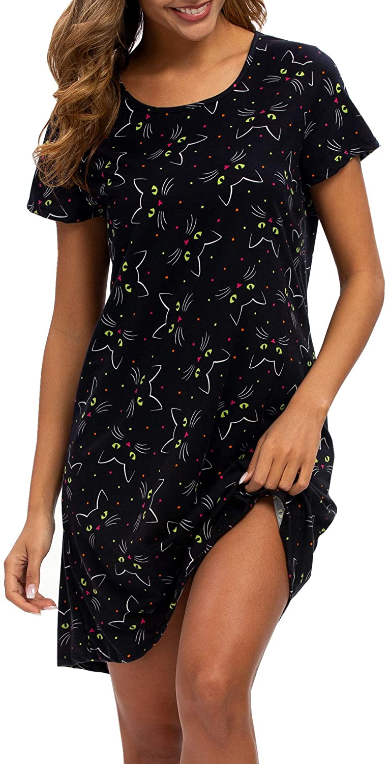 ENJOYNIGHT Sleepwear Womens Nightgown Printed Sleep Shirt Short Sleeve Sleep Tee Cotton Nightshirt 