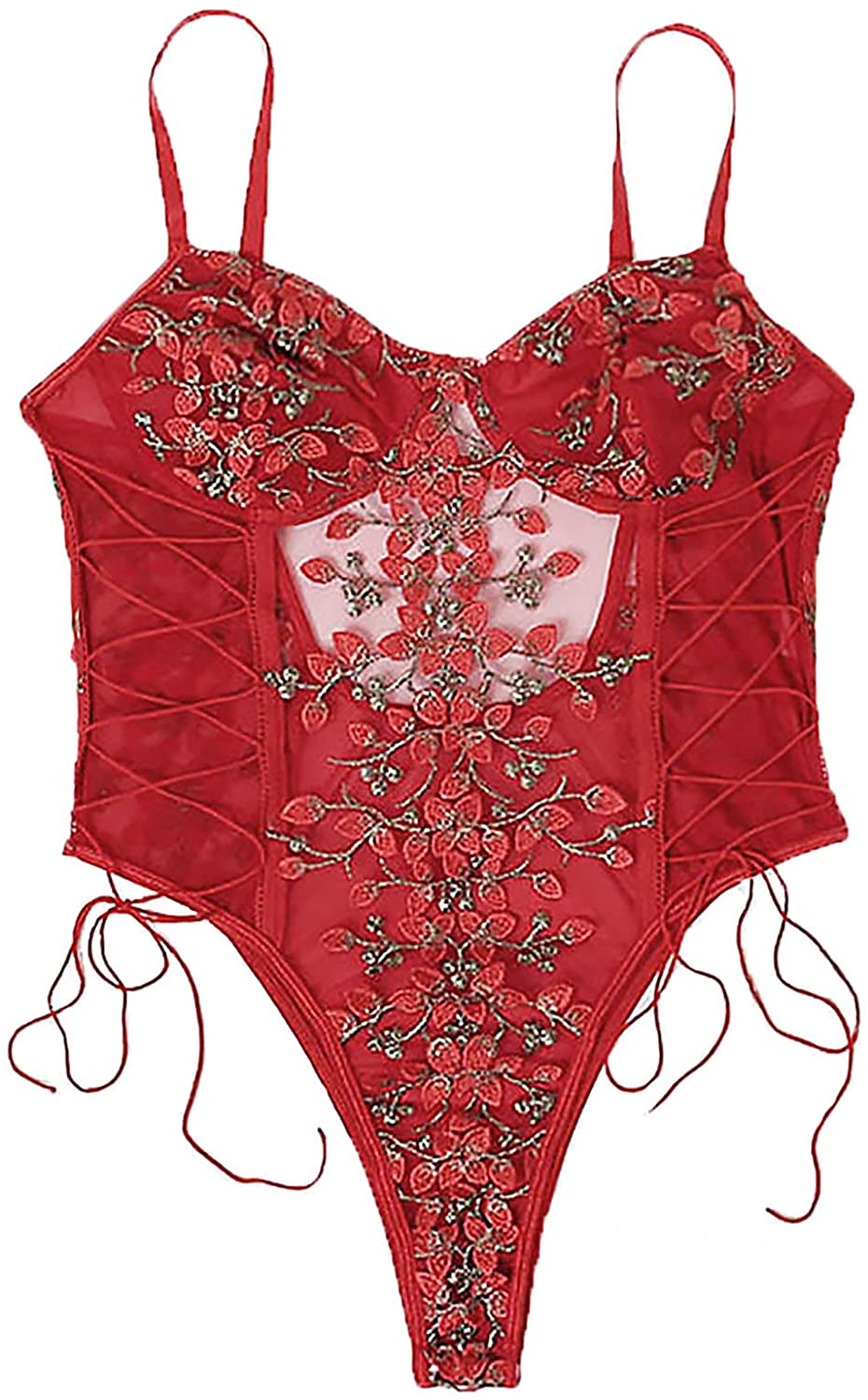 Lilosy Women Sexy Lace Up Floral Embroidered Teddy Lingerie