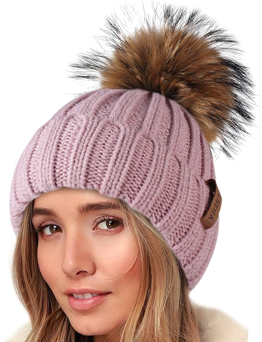 FURTALK Beanie Hat for Ladies Double Layer Fleece Line Winter Rib Knit Hats with Faux Fur Pom Pom Hat