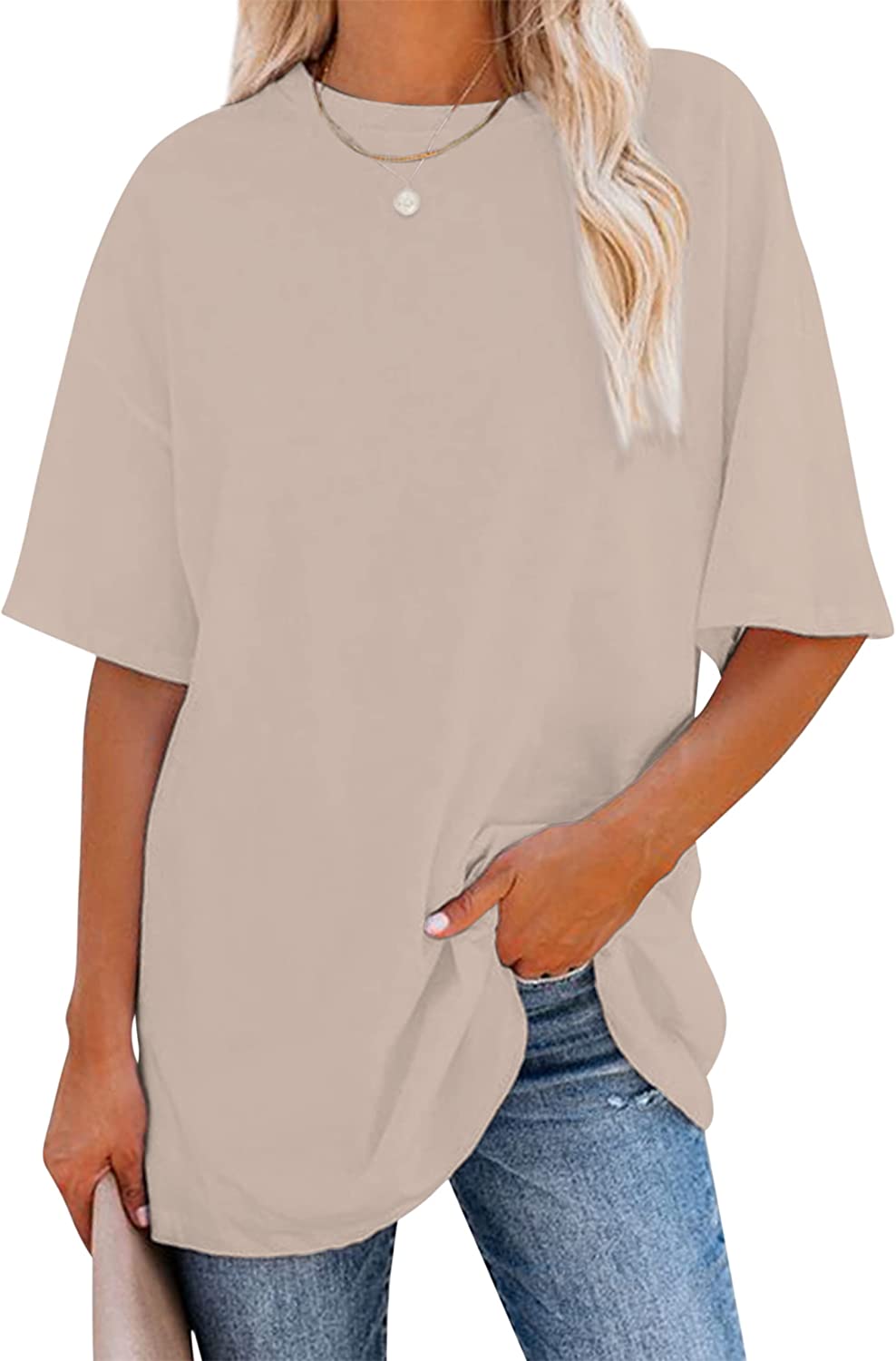 Meladyan Women’s Solid Oversize Cotton Tee Shirt Drop Shoulder Round ...