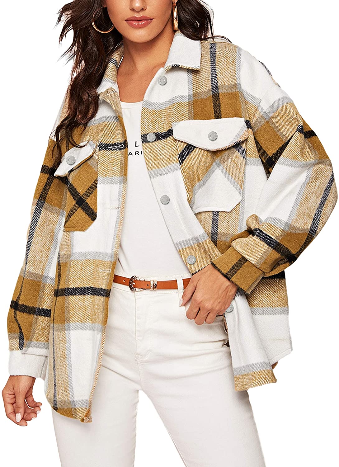 Springrain Womens Casual Flannel Plaid Button Down Long Sleeve Shacket Jacket Coat 